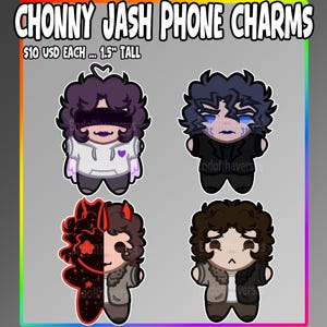May include: Four Chonny Jash phone charms, each 1.5 inches tall. The top left features a character in a white hoodie with a purple heart. The top right has a character with blue eyes and markings. The bottom left is split red and black, and the bottom right shows a character in a two-toned jacket.