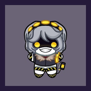 May include: A stylized cartoon character figure with gray hair, a black headband with yellow circles, and glowing yellow eyes. The figure wears a dark jacket with a brown collar and black and yellow striped leg accents, featuring the text ENDOFTHEVERSES.