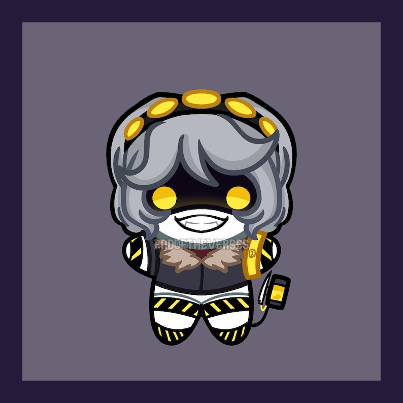 May include: A stylized cartoon character figure with gray hair, a black headband with yellow circles, and glowing yellow eyes. The figure wears a dark jacket with a brown collar and black and yellow striped leg accents, featuring the text ENDOFTHEVERSES.