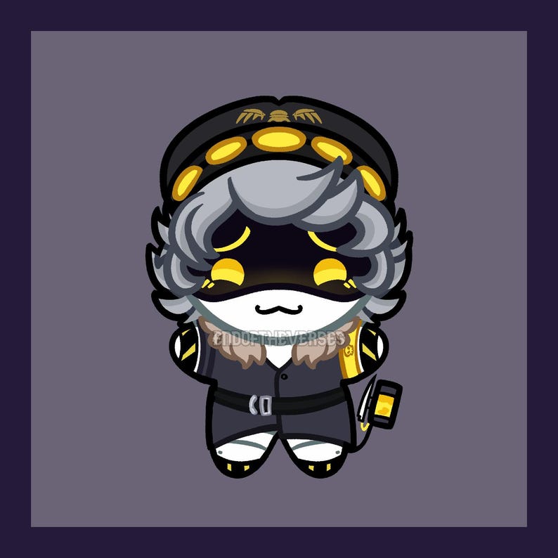 May include: A plush toy character with grey hair, wearing a black military-style cap with yellow accents and a black coat with a belt. The character has a black visor with glowing yellow eyes and a small mouth. The text ENDOFTHEVERSES is visible.
