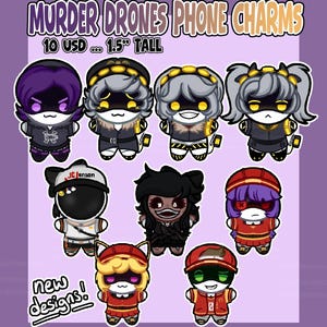 May include: A collection of nine Murder Drones phone charms featuring various character designs with distinct outfits, hair colors, and facial expressions. The charms are displayed against a purple background with the text Murder Drones Phone Charms.