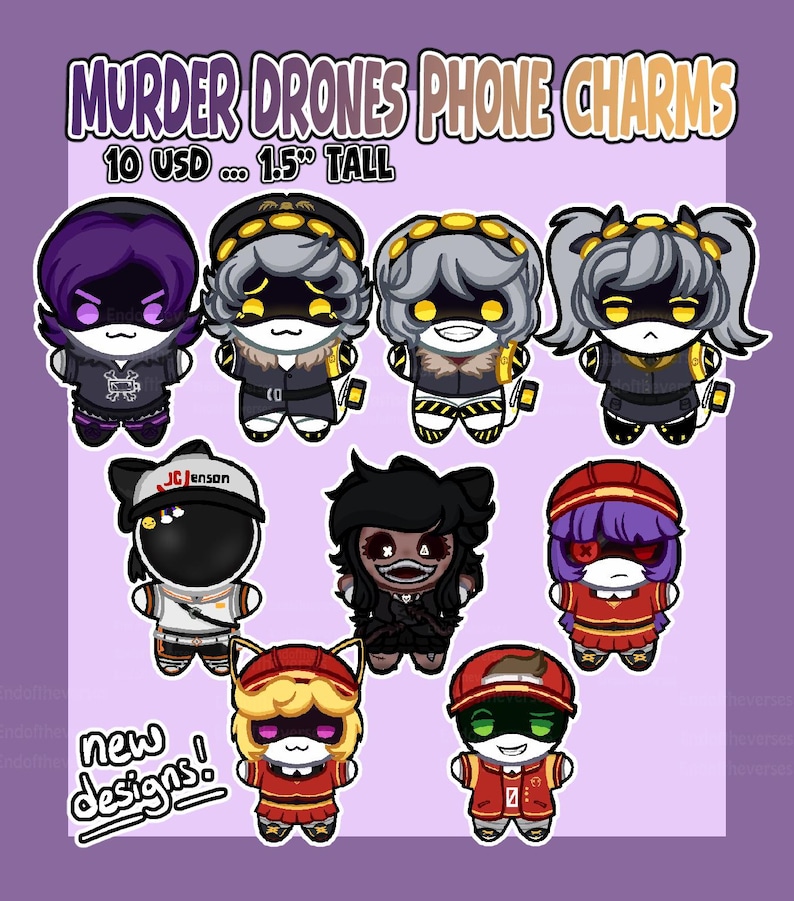 May include: A collection of nine Murder Drones phone charms featuring various character designs with distinct outfits, hair colors, and facial expressions. The charms are displayed against a purple background with the text Murder Drones Phone Charms.