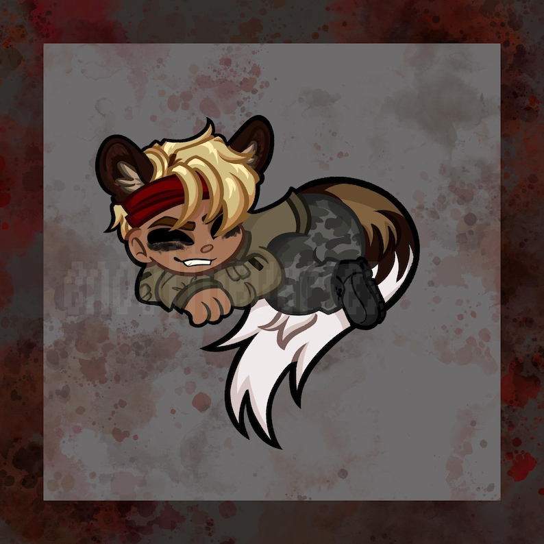 May include: An illustration of a cartoon character with tan skin, blonde hair, and a red headband. The character is wearing a green jacket and camouflage pants. The character has brown ears and a white and black tail.