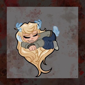 May include: A digital illustration of a cartoon character with long, flowing blonde hair and blue accents. The character is wearing a gray jacket and blue pants, and is curled up in a sleeping position. The background is a mottled gray with red accents.