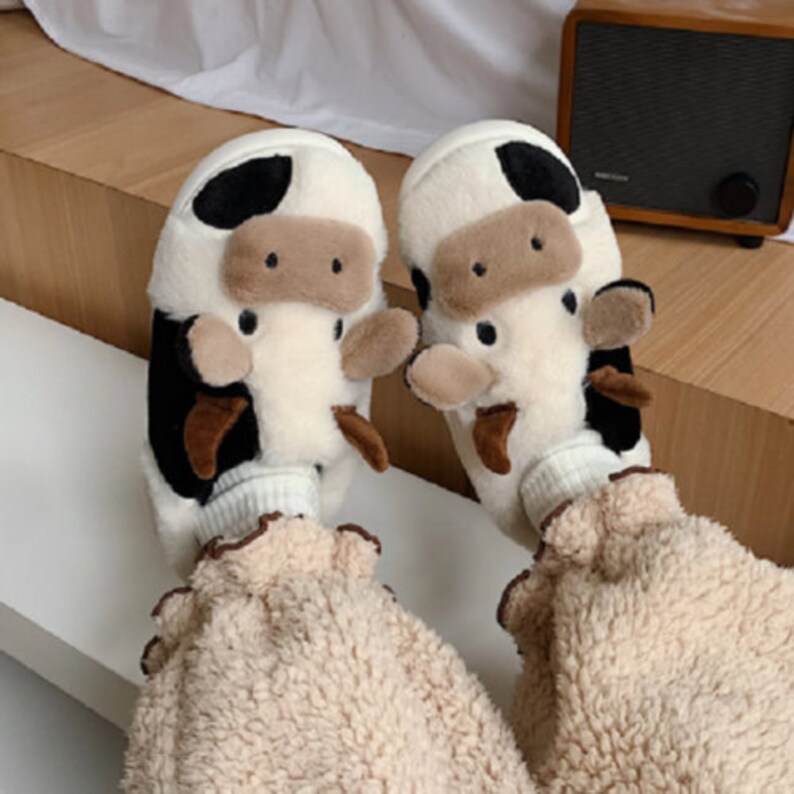 Cute Animal Cow Slipper for Women Girls Fluffy Winter Warm Etsy