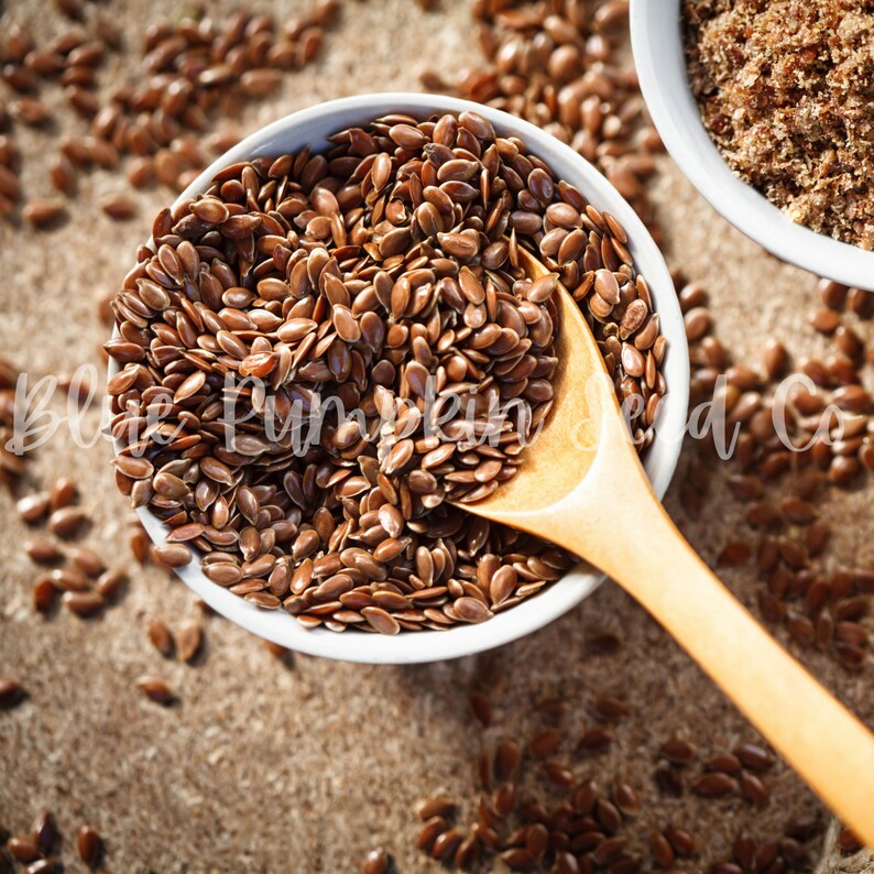 A wooden spoon retrieving flax seeds from a container.