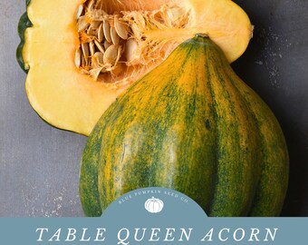 May include: A halved acorn squash with seeds visible inside, next to a whole acorn squash with a green and yellow striped pattern. The text "TABLE QUEEN ACORN HEIRLOOM SQUASH SEEDS" is displayed below the squash. A logo for Blue Pumpkin Seed Co. is visible in the lower left corner.