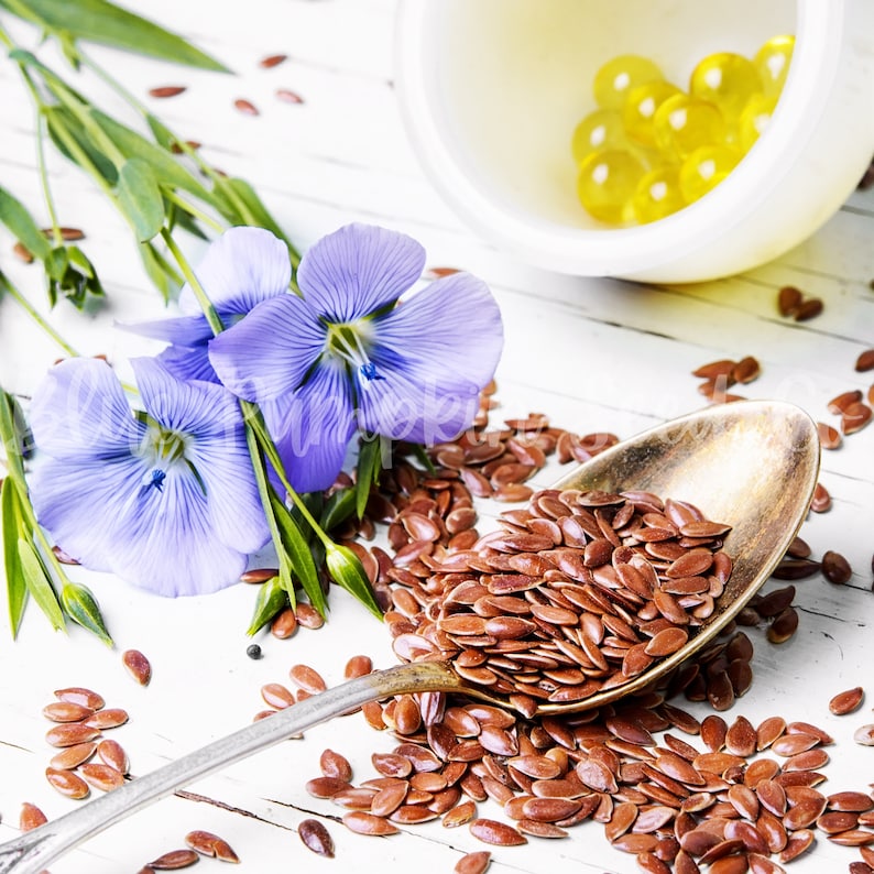 A spilled spoon of Golden flax seeds next to flax oil pills and flax flowers.