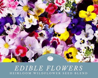 May include: A close-up image of a variety of colorful edible flowers. The flowers are arranged in a random pattern and include shades of purple, pink, yellow, white, and blue. The text "EDIBLE FLOWERS HEIRLOOM WILDFLOWER SEED BLEND" is displayed at the bottom of the image.