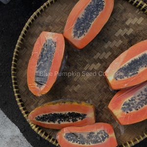 May include: Halved papayas with vibrant orange flesh and dark seeds are arranged on a woven tray. The papayas are wrapped in clear plastic. The text "Blue Pumpkin Seed Co" is visible on the image.