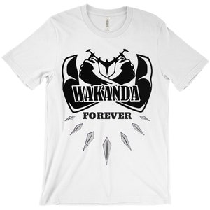 May include: White t-shirt with a black graphic of two crossed arms with the text "Wakanda Forever" underneath. The graphic is surrounded by six black and gray diamonds.
