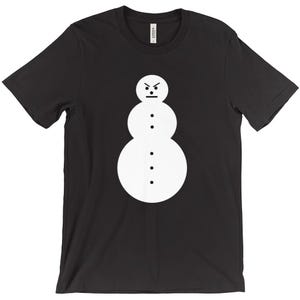 May include: Black t-shirt with a white snowman graphic. The snowman has a frowning face and three circles for a body.