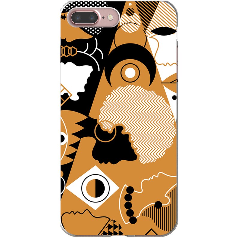 Puede incluir: Una funda para tel&eacute;fono con un patr&oacute;n geom&eacute;trico en negro, blanco y dorado. El patr&oacute;n presenta formas abstractas, l&iacute;neas y un rostro humano estilizado.