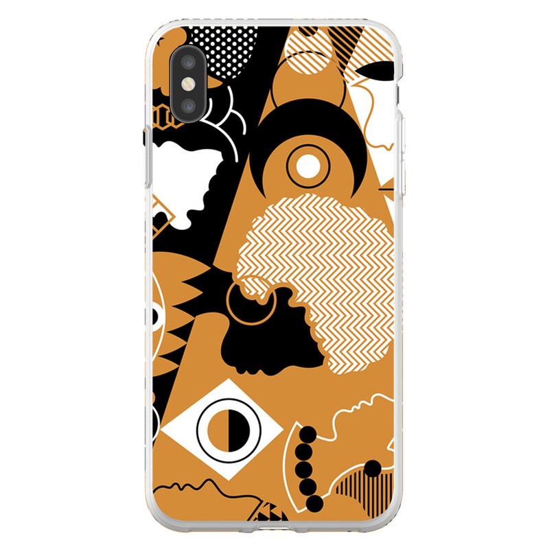 Puede incluir: Una funda para tel&eacute;fono con un patr&oacute;n geom&eacute;trico en negro, blanco y amarillo. El patr&oacute;n presenta formas abstractas, incluyendo c&iacute;rculos, zigzags y una luna creciente.