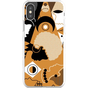 Puede incluir: Una funda para tel&eacute;fono con un dise&ntilde;o geom&eacute;trico que presenta formas negras, blancas y marrones. El dise&ntilde;o incluye caras abstractas, zigzags y c&iacute;rculos.