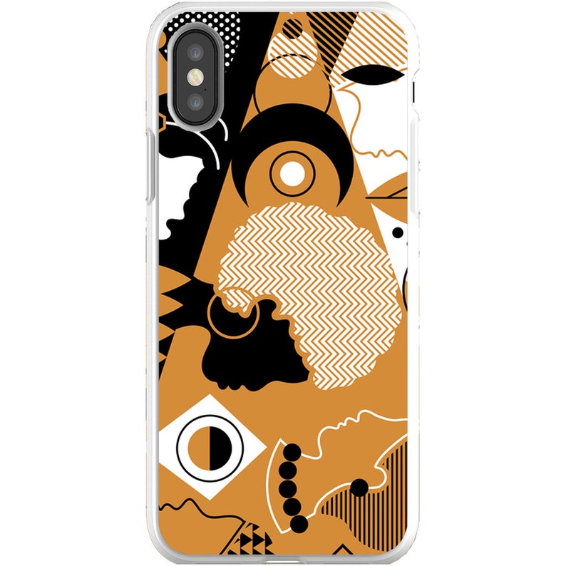 Puede incluir: Una funda para tel&eacute;fono con un dise&ntilde;o geom&eacute;trico que presenta formas negras, blancas y marrones. El dise&ntilde;o incluye caras abstractas, zigzags y c&iacute;rculos.