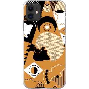 Puede incluir: Una funda para tel&eacute;fono con un dise&ntilde;o geom&eacute;trico que presenta formas negras, blancas y doradas. El dise&ntilde;o incluye caras abstractas, zigzags y c&iacute;rculos.