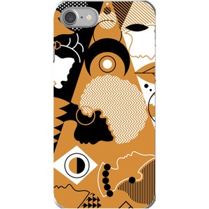 Puede incluir: Una funda para tel&eacute;fono con un patr&oacute;n geom&eacute;trico en negro, blanco y dorado. El patr&oacute;n presenta formas abstractas, incluyendo c&iacute;rculos, tri&aacute;ngulos y zigzags.