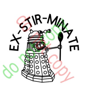 Puede incluir: Una ilustración en blanco y negro de un robot sosteniendo una cuchara con el texto "Ex-Stir-Minate" alrededor.