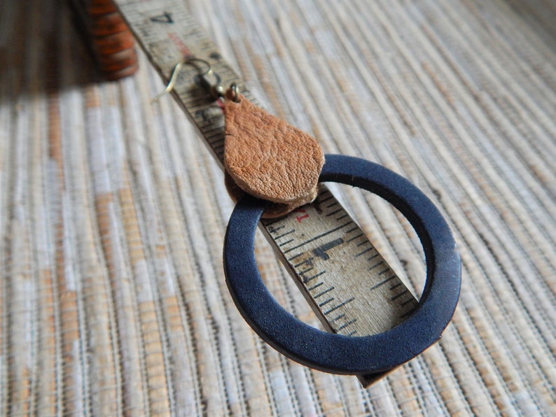 Thick Hollow Leather Round Shaped Blue Leather Mid-century Inspired Modern Leather Dangle Earrings Wrapped in Teardrop Dangle