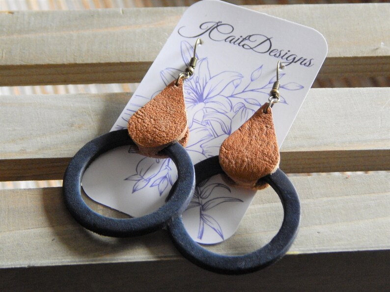 Thick Hollow Leather Round Shaped Blue Leather Mid-century Inspired Modern Leather Dangle Earrings Wrapped in Teardrop Dangle