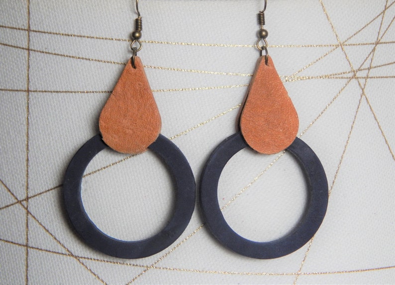 Thick Hollow Leather Round Shaped Blue Leather Mid-century Inspired Modern Leather Dangle Earrings Wrapped in Teardrop Dangle