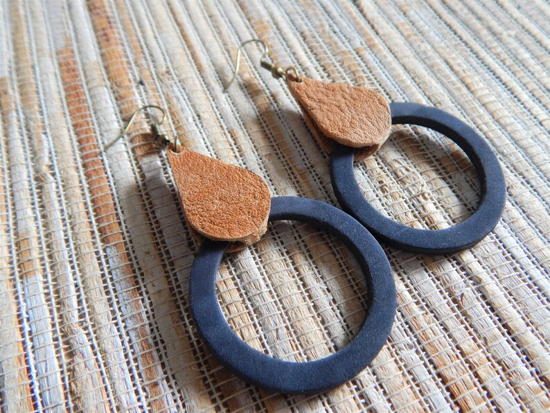 Thick Hollow Leather Round Shaped Blue Leather Mid-century Inspired Modern Leather Dangle Earrings Wrapped in Teardrop Dangle
