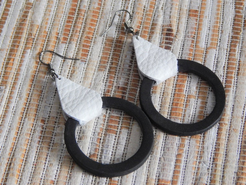 Thick Hollow Leather Round Shaped Blue Leather Mid-century Inspired Modern Leather Dangle Earrings Wrapped in Teardrop Dangle