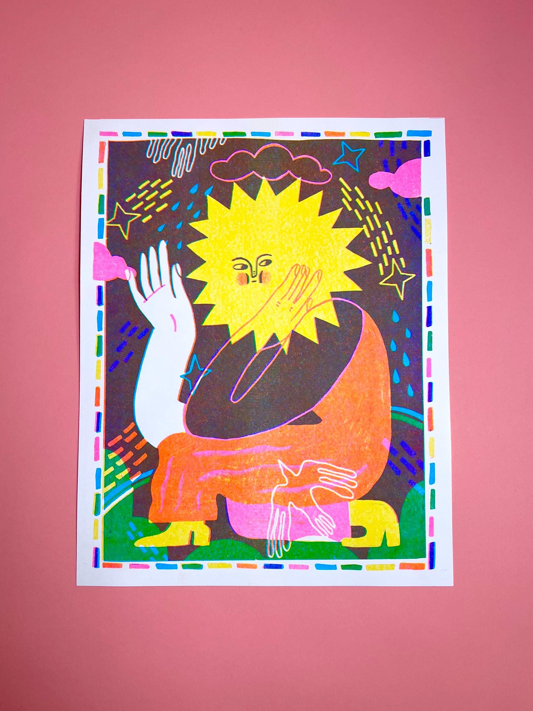 Big Sunny Head - Colorful Abstract Risograph Print – Geometric, Psychedelic, 11x14 Modern  Illustration Fine Art Print