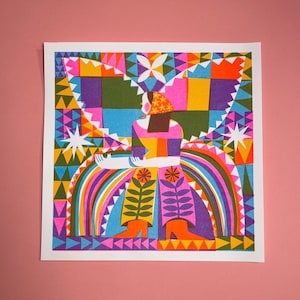 May include: A colorful geometric print featuring a person with a rainbow skirt and a flower pattern. The print is made up of various shapes and colors, including green, blue, yellow, orange, pink, and purple.
