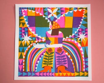 Quilt of Life - Colorful Abstract Risograph Print – Geometric, Surreal, 11x11 Modern  Illustration Fine Art Print