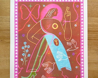 Forget Me Not -  Colorful Risograph Print – 11x14 Modern  Illustration Fine Art Print