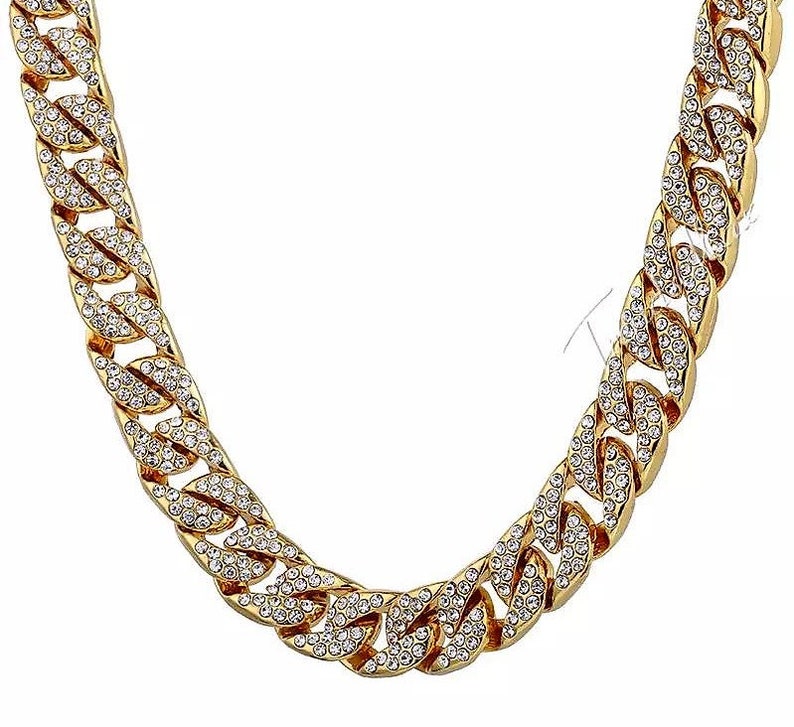 Miami Cuban Iced Out 24K Gold Layered 26 Inch ChainNecklace Complete with Black Velvet Pouch 12mm Wide
