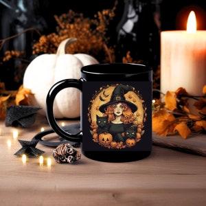 Vintage Halloween Mug: Redhead Witch, Black Cats & Jack-O-Lanterns