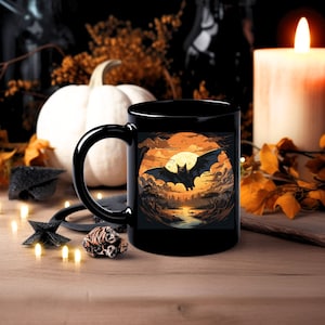 Taza de murciélago de Halloween: Taza de café de cerámica con luna llena