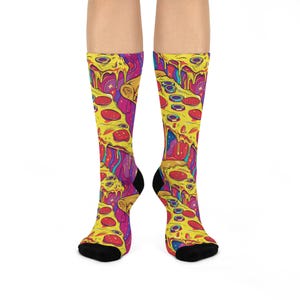 Pizza Socks, Psychedelic Socks, Trippy Socks, Gift for Him, Valentines Gift, Melting Pizza, Cushioned Crew Socks