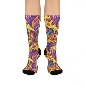 Pizza Socks, Psychedelic Socks, Trippy Socks, Gift for Him, Valentines Gift, Melting Pizza, Cushioned Crew Socks
