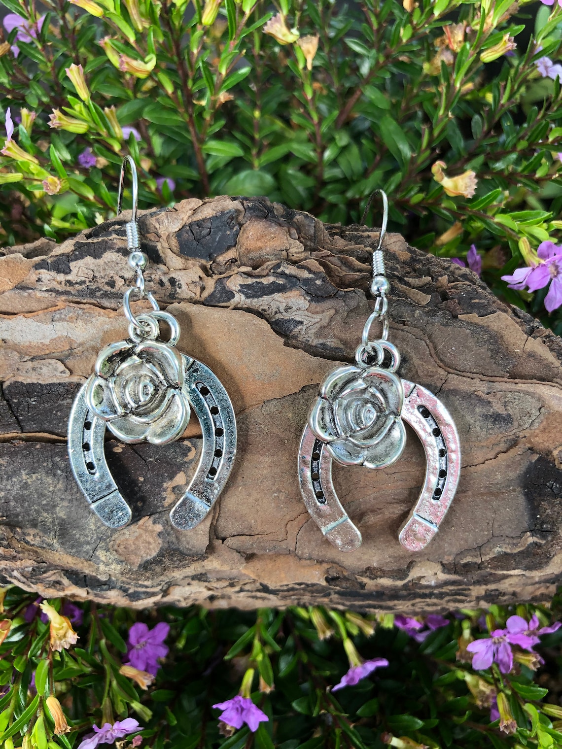 Horseshoe and Rose Dangle Earrings Etsy