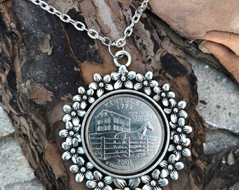State Quarter Necklace - Flower Style Pendant - All 50 States Available! - Choose State in Personalization Area