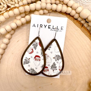 Christmas Watercolor Santa & Trees Wood + Vegan Leather Earrings | CHRISTMAS EARRINGS | Titanium Earrings | Winter Fashion | Lightweight