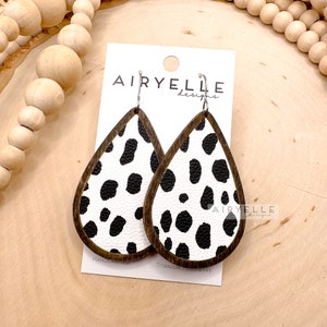 Boho Dalmatian Dot Wood + Vegan Leather Earrings | Boho Earrings | Titanium Earrings | Wood Earrings | Fall Accessories | Lightweight