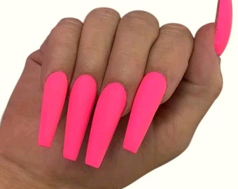 picture Neon Pink Acrylic Nails With Glitter neon pink nails etsy