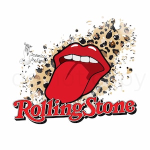 Może przedstawiać: Czerwone usta z wystającym językiem, na tle wzoru lamparta z napisem "Rolling Stone" czerwonymi literami.