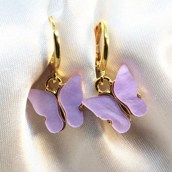 Purple Lilac Butterfly Huggie Earrings