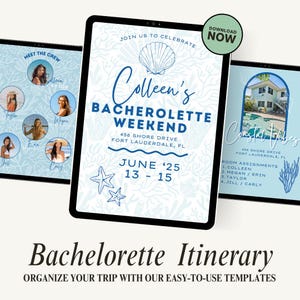 Beach Coastal Bachelorette Weekend/Girl&#39;s Trip Itinerary - Aesthetic Trendy Editable Canva Template