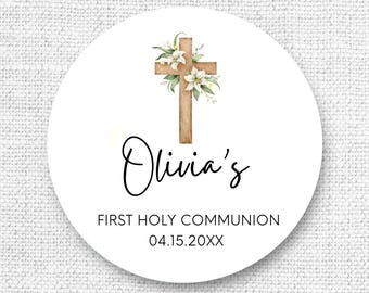 Personalized First Communion Stickers, Cross Floral Favor Labels