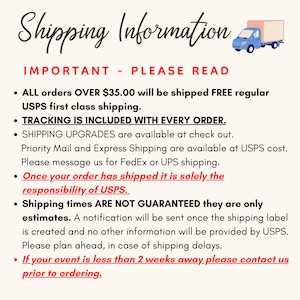 Puede incluir: Un gr&aacute;fico color crema con las palabras "Shipping Information" en una fuente decorativa. Debajo, el texto "IMPORTANT - PLEASE READ" est&aacute; seguido de vi&ntilde;etas que detallan las pol&iacute;ticas de env&iacute;o, incluido el env&iacute;o gratuito por encima de 35&euro; y el seguimiento.