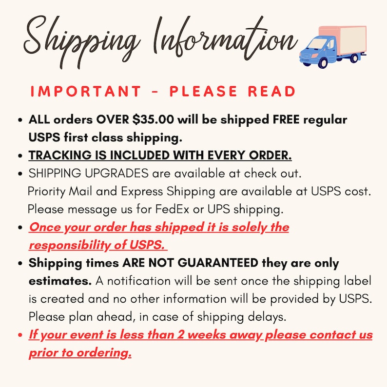 Puede incluir: Un gr&aacute;fico color crema con las palabras "Shipping Information" en una fuente decorativa. Debajo, el texto "IMPORTANT - PLEASE READ" est&aacute; seguido de vi&ntilde;etas que detallan las pol&iacute;ticas de env&iacute;o, incluido el env&iacute;o gratuito por encima de 35&euro; y el seguimiento.