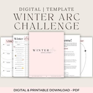 Könnte beinhalten: Eine druckbare digitale Vorlage für eine Winter Arc Challenge. Die Vorlage enthält ein Vision Board, eine Liste von Winterzielen und einen Fortschritts-Tracker. Die Vorlage soll dir helfen, Ziele zu setzen und deine Fortschritte während der Wintermonate zu verfolgen.