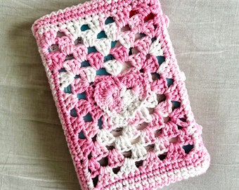 Strawberry Creamsicle Heart Crochet Granny Square Book Cover Sleeve 100% Cotton Flower Buttons